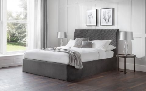Sanderson Diamond Quilted Grey Velvet Ottoman Bedstead