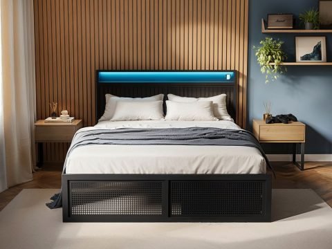 Led Black Metal Bed with Storage